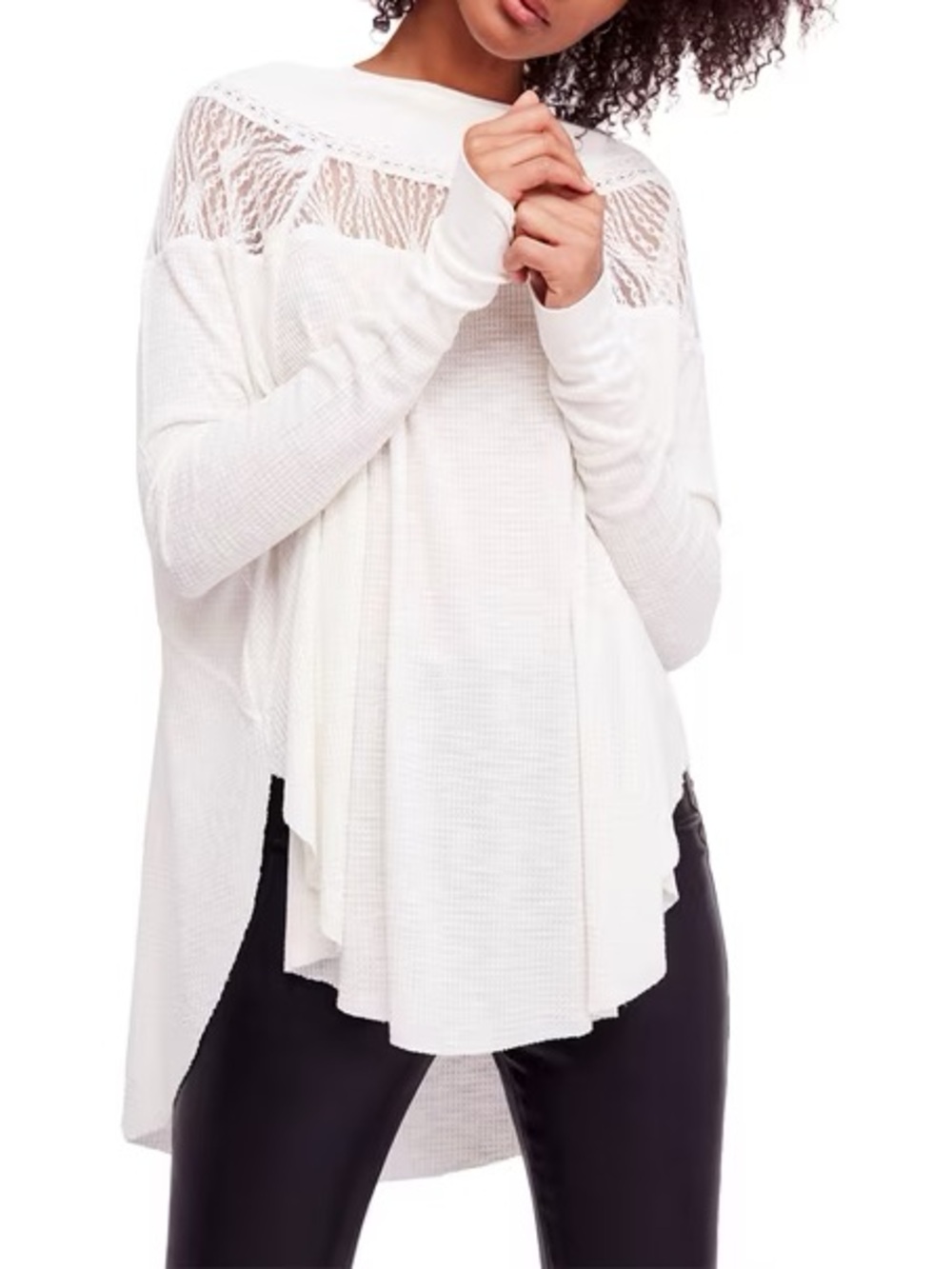 Free People White Lace Yoke Long Sleeve Top